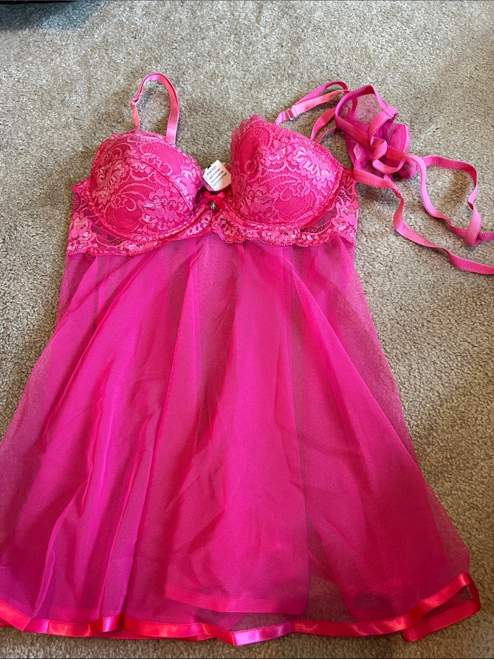 Hot Pink Lace & Mesh Babydoll Chemise - Women Intimates NWOT